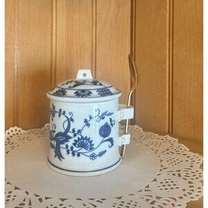 Vintage Vienna Woods Blue White Floral Porcelain Jam Jelly Jar Sugar Bowl Spoon